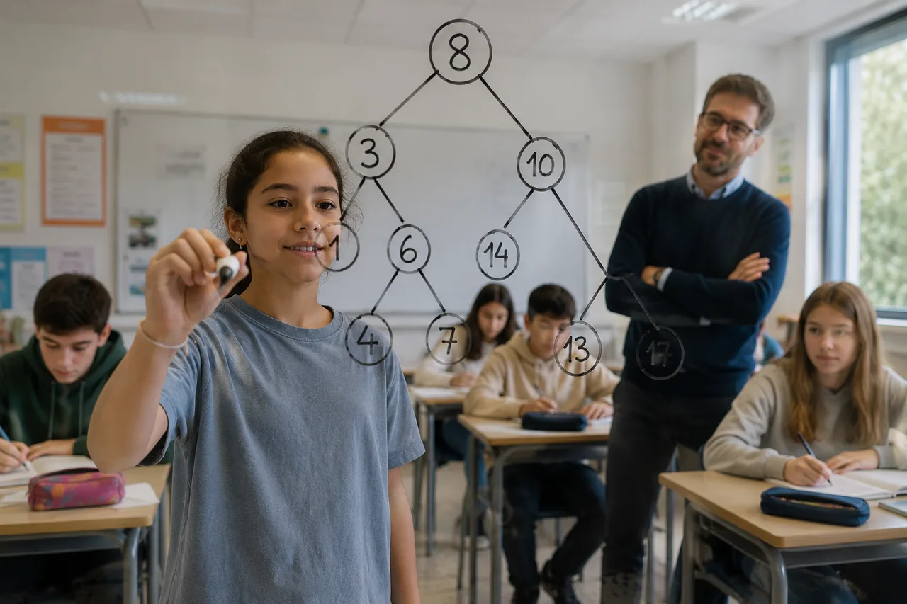Una niña en clase señala un árbol de búsqueda binaria con números mientras el profesor y sus compañeros observan
