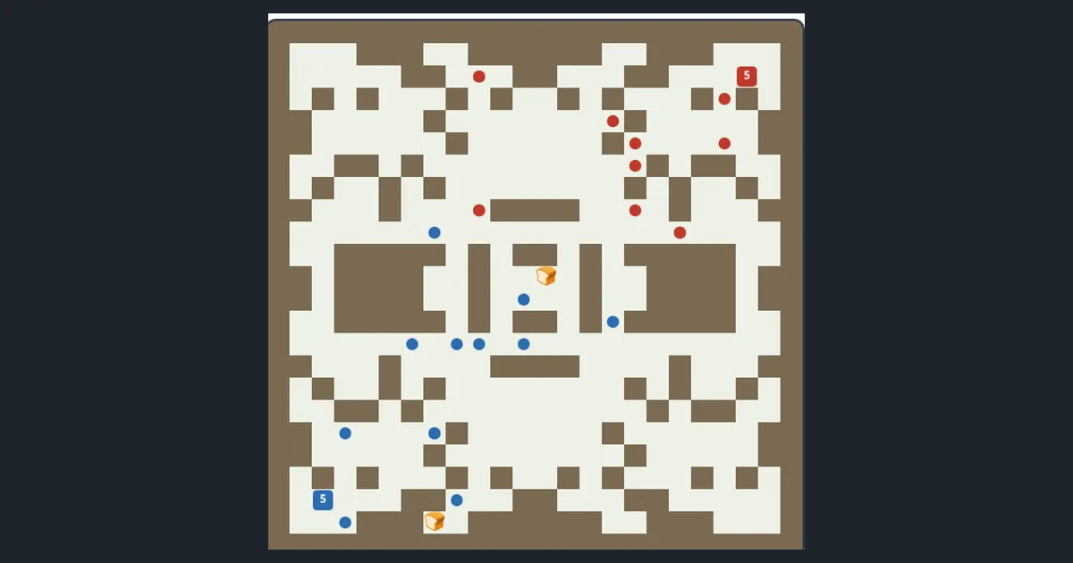 Hormigas de colores repartidas en un mapa cuadriculado, unas recolectando comida y otras defendiendo un hormiguero
