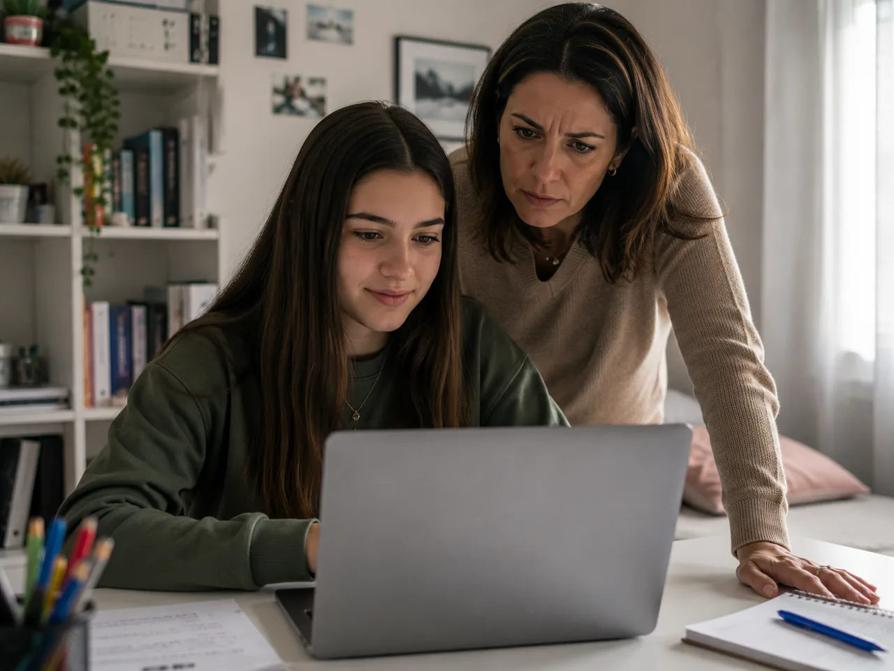 Una niña ante un portátil mientras una madre observa por encima del hombro