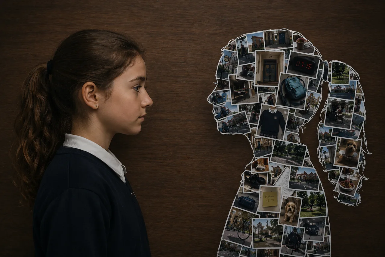 Una niña con uniforme escolar mira de frente su propia silueta, formada por muchas fotos sueltas de su vida cotidiana que, superpuestas, dibujan su contorno: el portal de casa, el escudo del colegio, su perro, una hora en un reloj